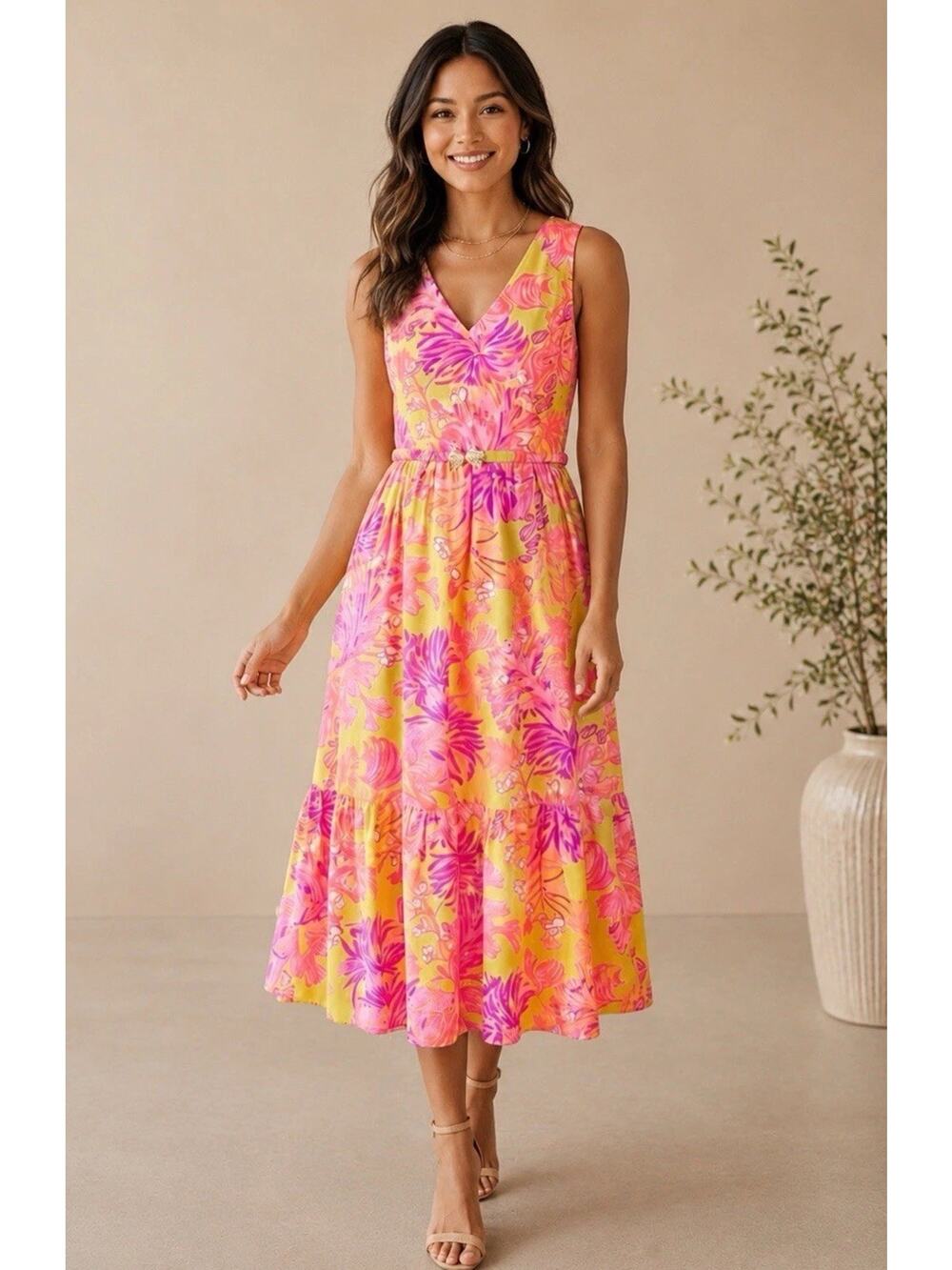 NWOT Lilly Pulitzer Bri Calla Yellow Midi Dress Belted Sz 2 Vacation Resortwear